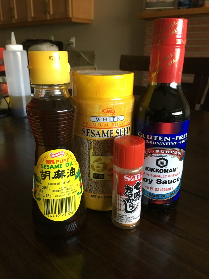 Most sesame seeds are standard so no need to be picky.  I love this brand of sesame oil, but you don't have to have it.  And of course this is my favorite soy sauce.  The togarashi is just a great addition.