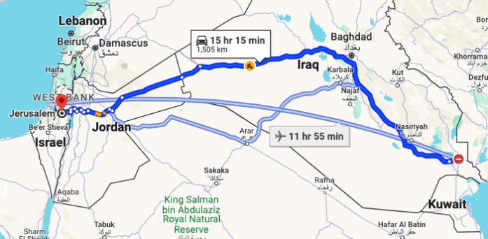 Google Maps screenshot of the distance between the Eastern portion of Iraq and Jerusalem